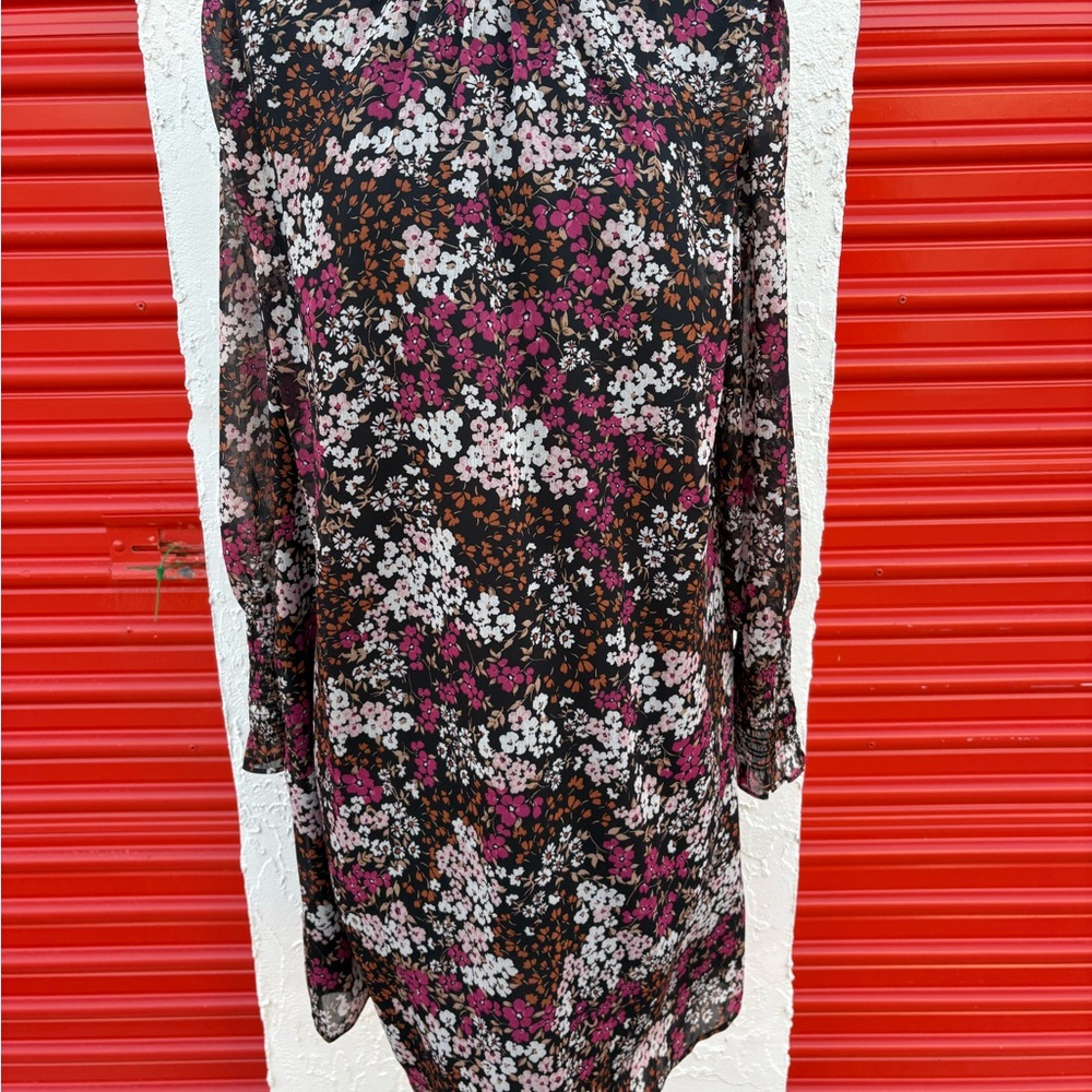 Ann Taylor Black Floral Tie-Neck Shift Dress with Pink & White Blossoms